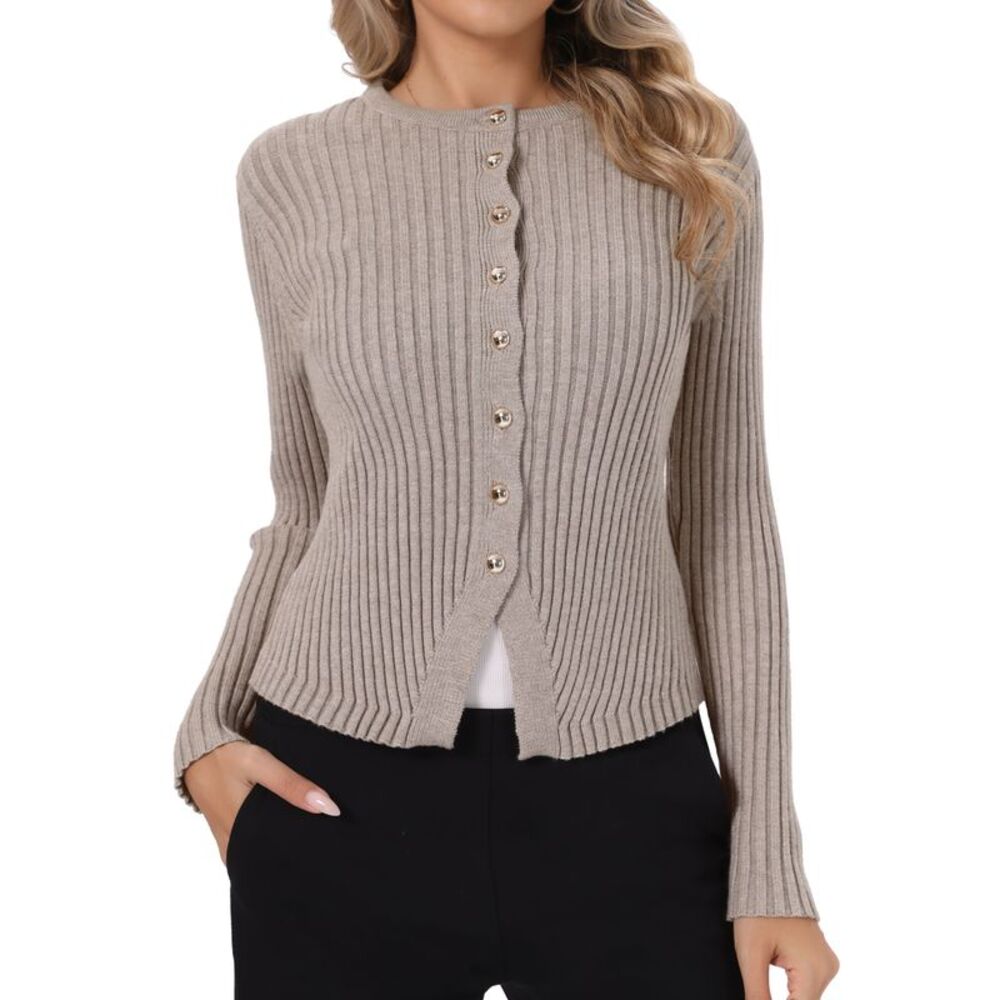Women's Button Down Knit Sweaters Cropped Cardigan Fall Top Camel